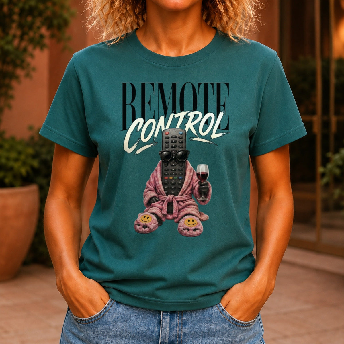 Remote Control graphic printed on the front of a jade KRED Threads premium tee