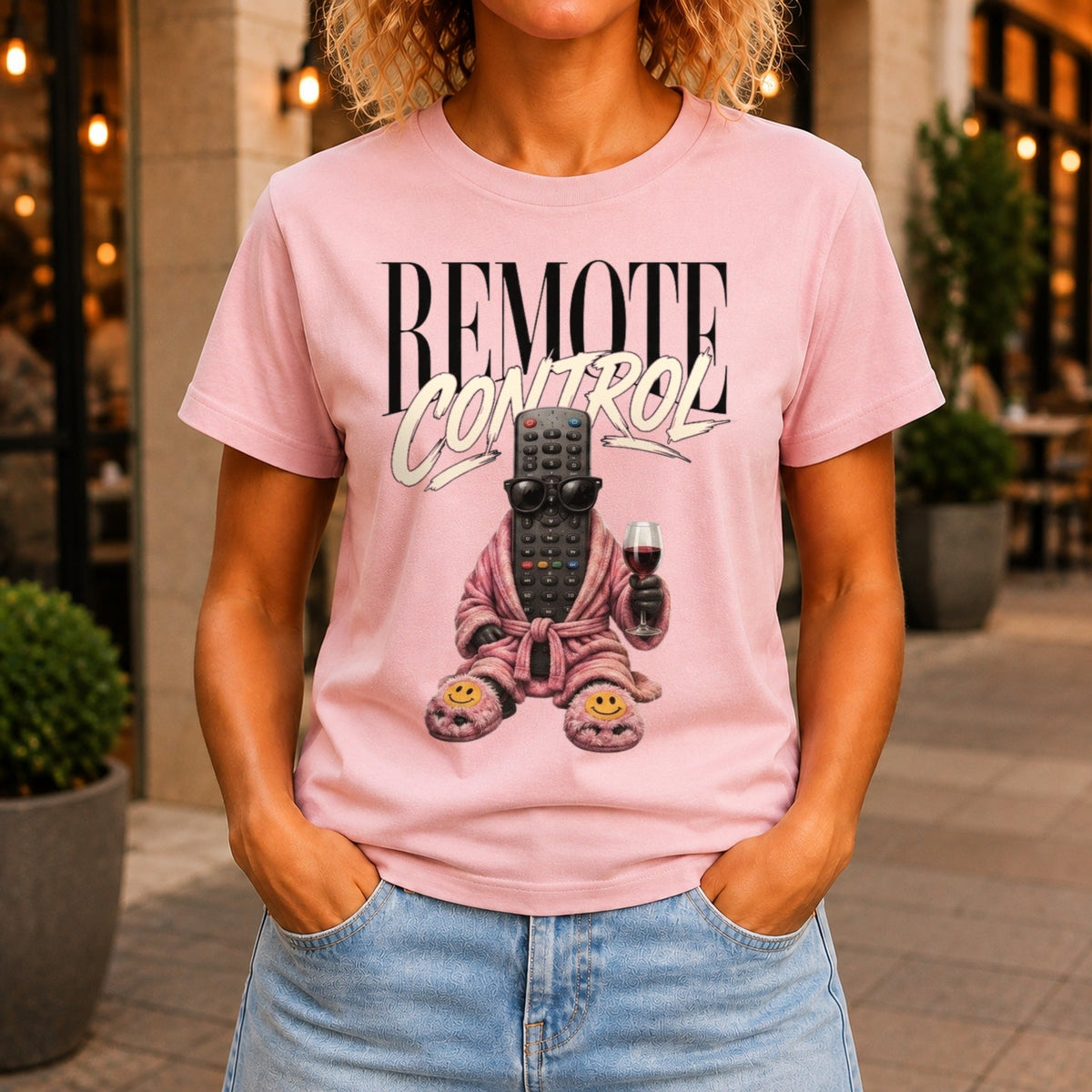 Remote Control graphic printed on the front of a pink KRED Threads premium tee