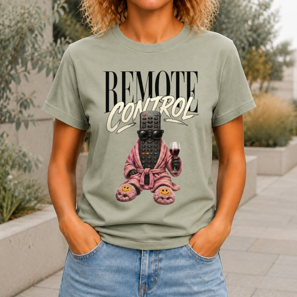 Remote Control graphic printed on the front of a sage KRED Threads premium tee