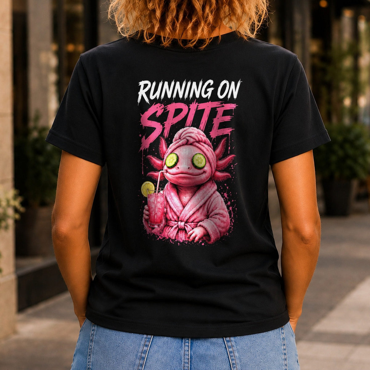 Running on Spite Women’s tee in Black, back view
