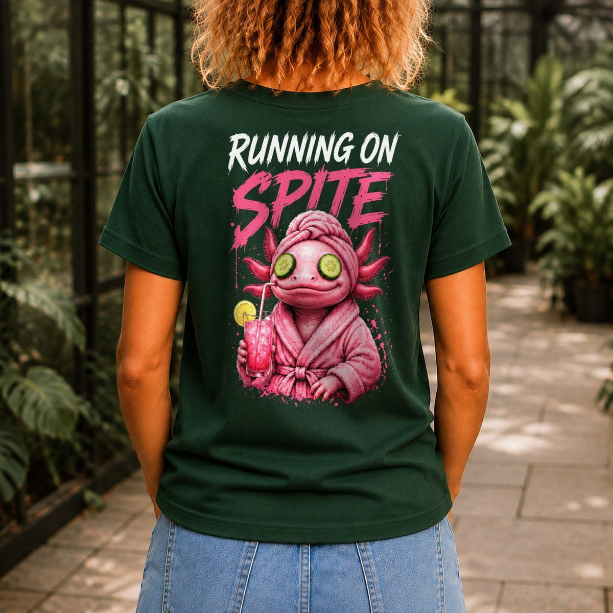 Running on Spite Women’s tee in Forest Green, back view