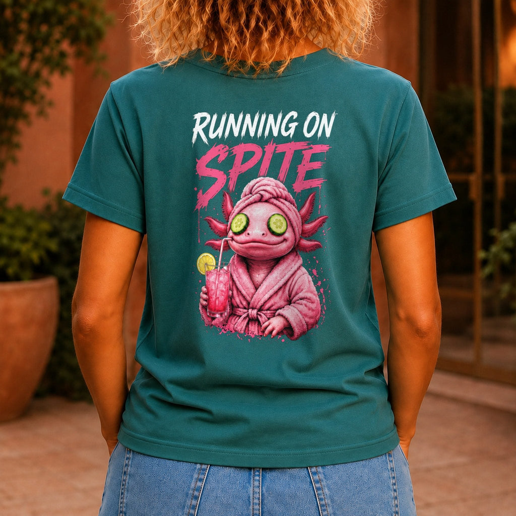 Running on Spite Women’s tee in Jade, back view