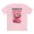 Running on Spite women's tee in Pink, back view with dark RUNNING ON lettering