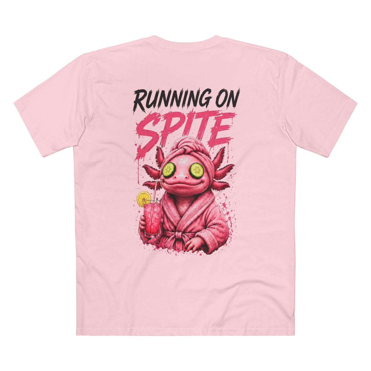 Running on Spite women's tee in Pink, back view with dark RUNNING ON lettering