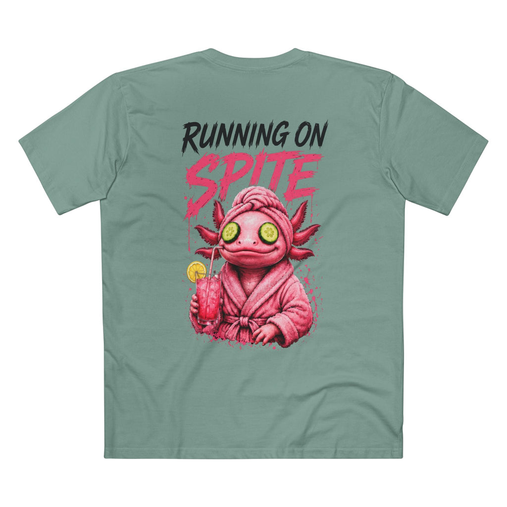 Running on Spite women's tee in Sage, back view with charcoal lettering