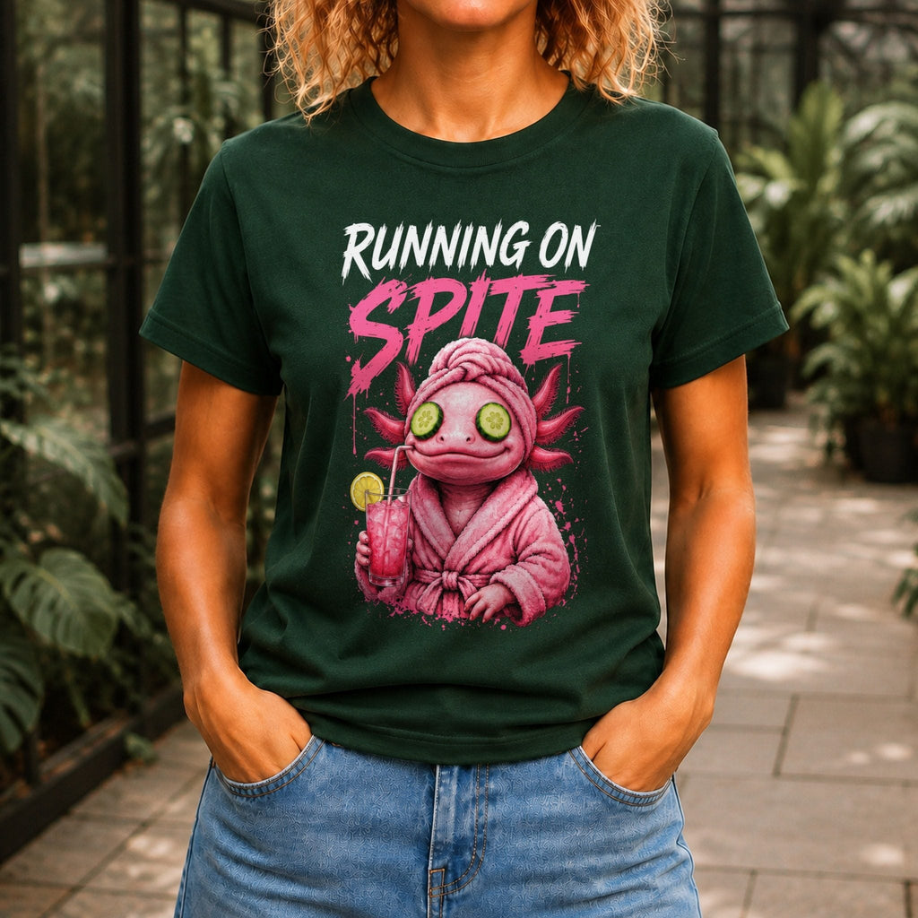 Running on Spite Women’s tee in Forest Green, front view