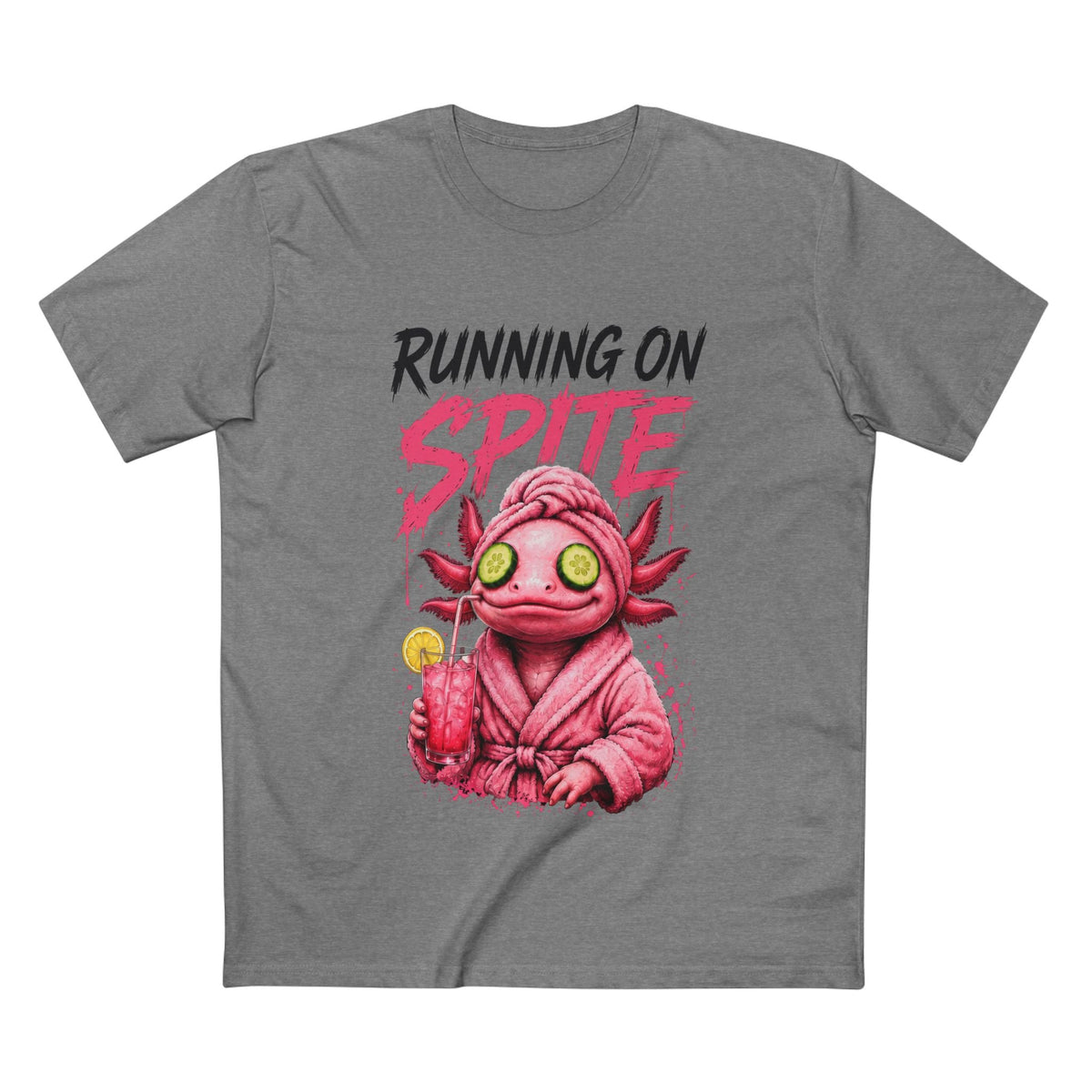 Running on Spite women's tee in Grey Marble, front view with dark RUNNING ON lettering