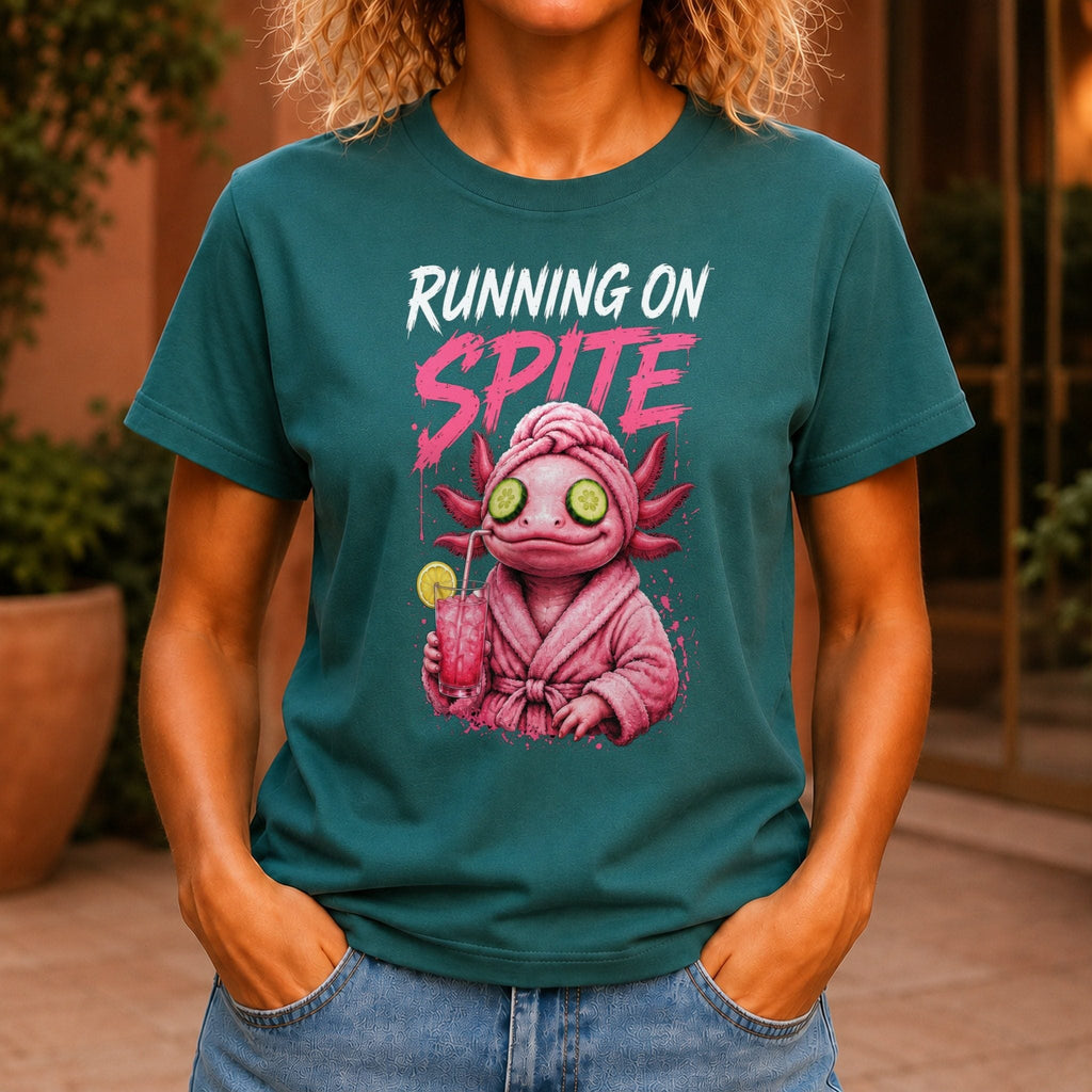 Running on Spite Women’s tee in Jade, front view