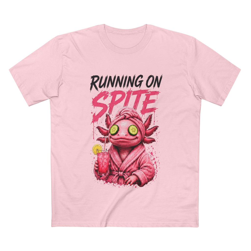 Running on Spite women's tee in Pink, front view with dark RUNNING ON lettering
