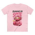 Running on Spite women's tee in Pink, front view with dark RUNNING ON lettering