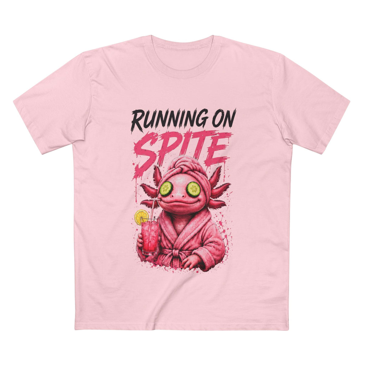 Running on Spite women's tee in Pink, front view with dark RUNNING ON lettering