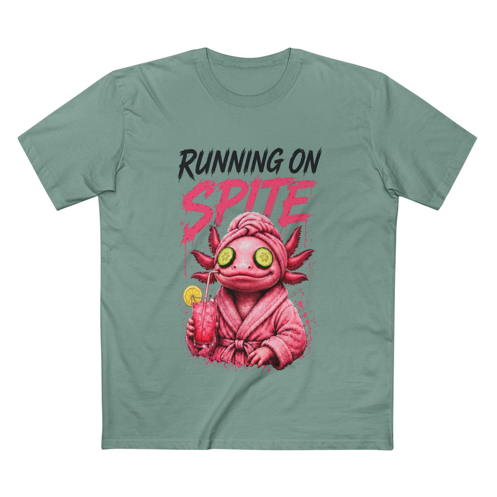 Running on Spite women's tee in Sage, front view with dark RUNNING ON lettering