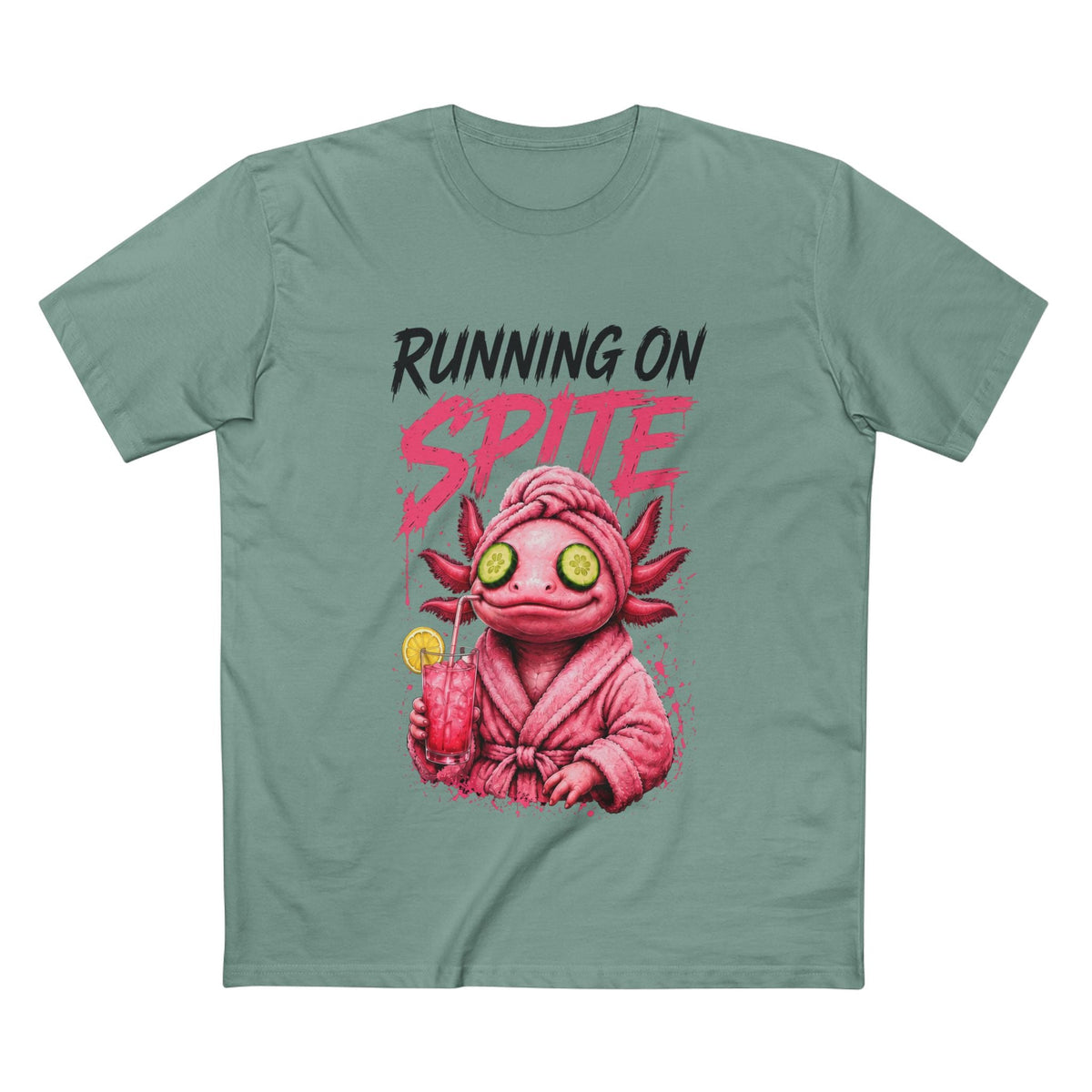Running on Spite women's tee in Sage, front view with dark RUNNING ON lettering