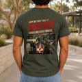 Why Do They Call It Rush Hour graphic printed on the back of an army KRED Threads premium tee