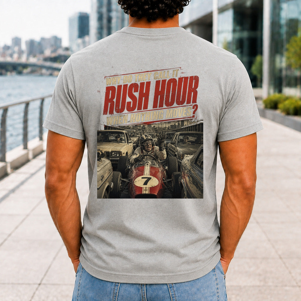 Why Do They Call It Rush Hour graphic printed on the back of an athletic heather KRED Threads premium tee