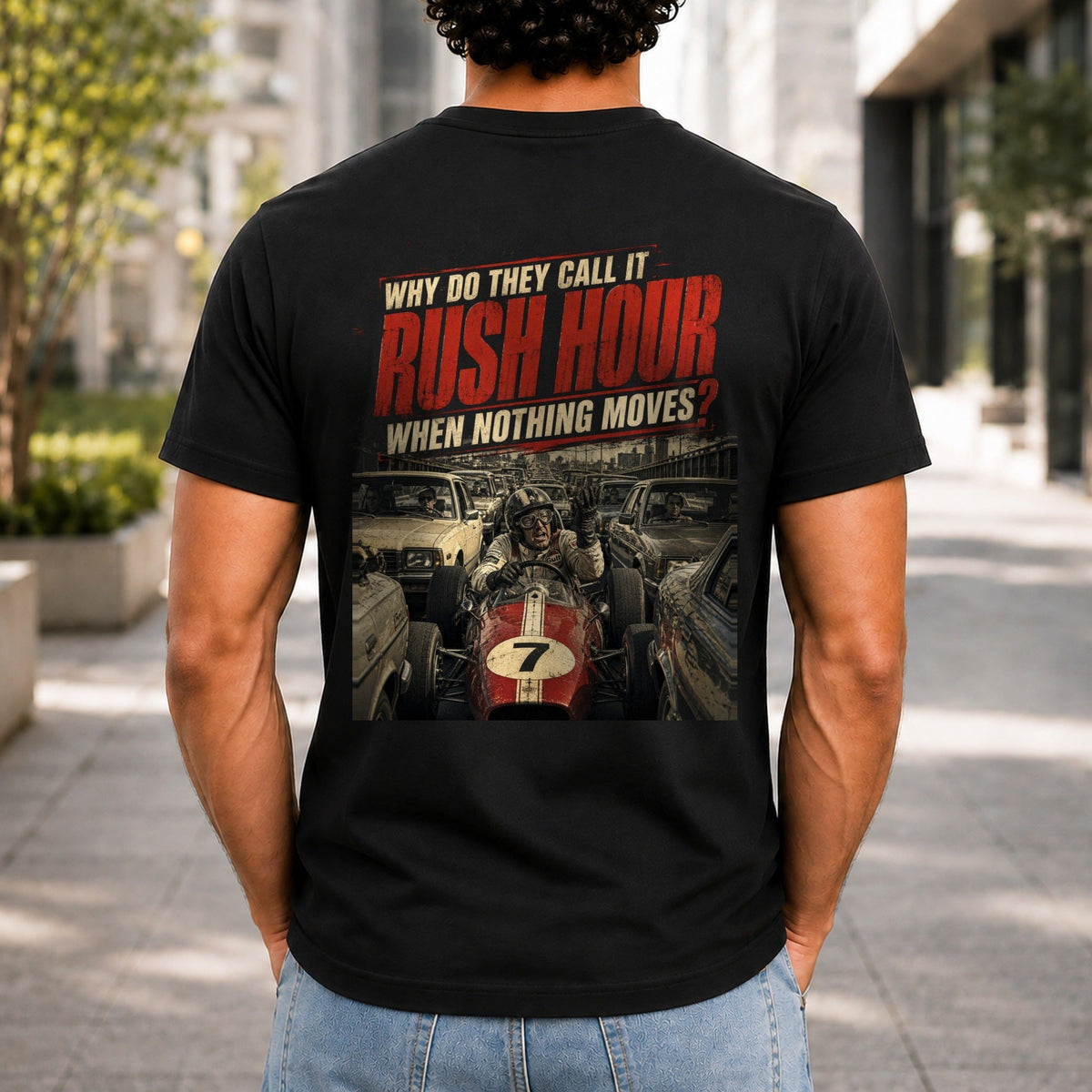 Why Do They Call It Rush Hour graphic printed on the back of a black KRED Threads premium tee