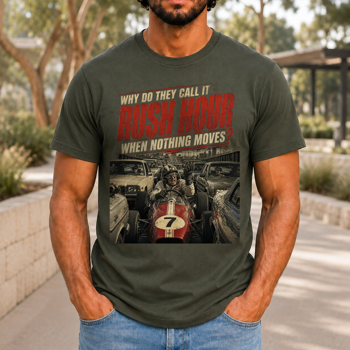 Why Do They Call It Rush Hour graphic printed on the front of an army KRED Threads premium tee