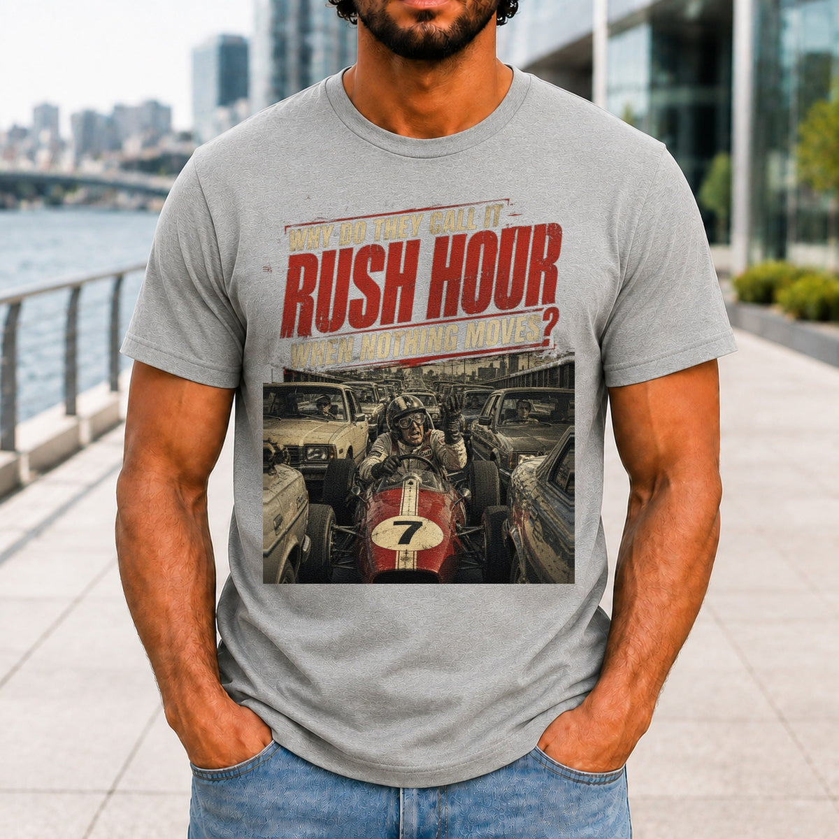 Why Do They Call It Rush Hour graphic printed on the front of an athletic heather KRED Threads premium tee