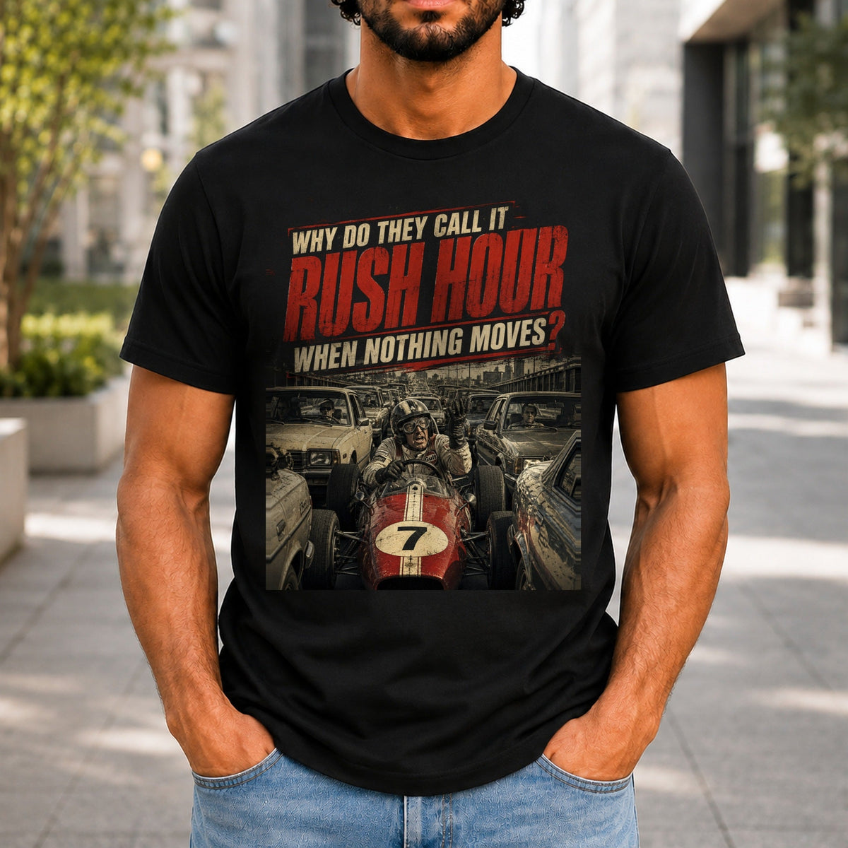 Why Do They Call It Rush Hour graphic printed on the front of a black KRED Threads premium tee