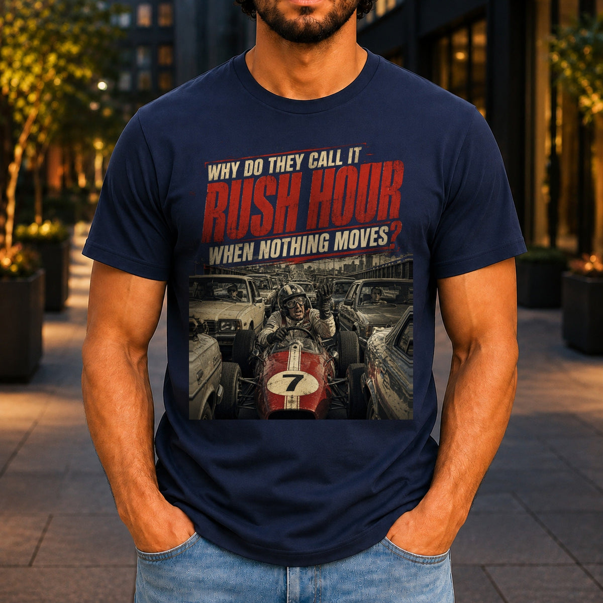 Why Do They Call It Rush Hour graphic printed on the front of a navy KRED Threads premium tee