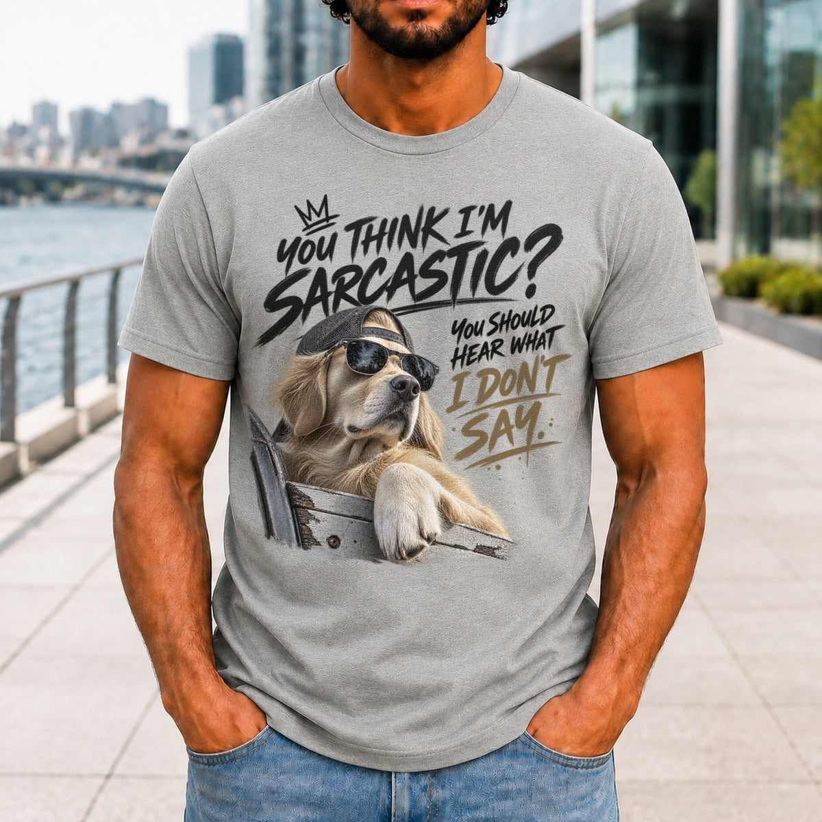 You Think I'm Sarcastic graphic printed on the front of an athletic heather KRED Threads premium tee