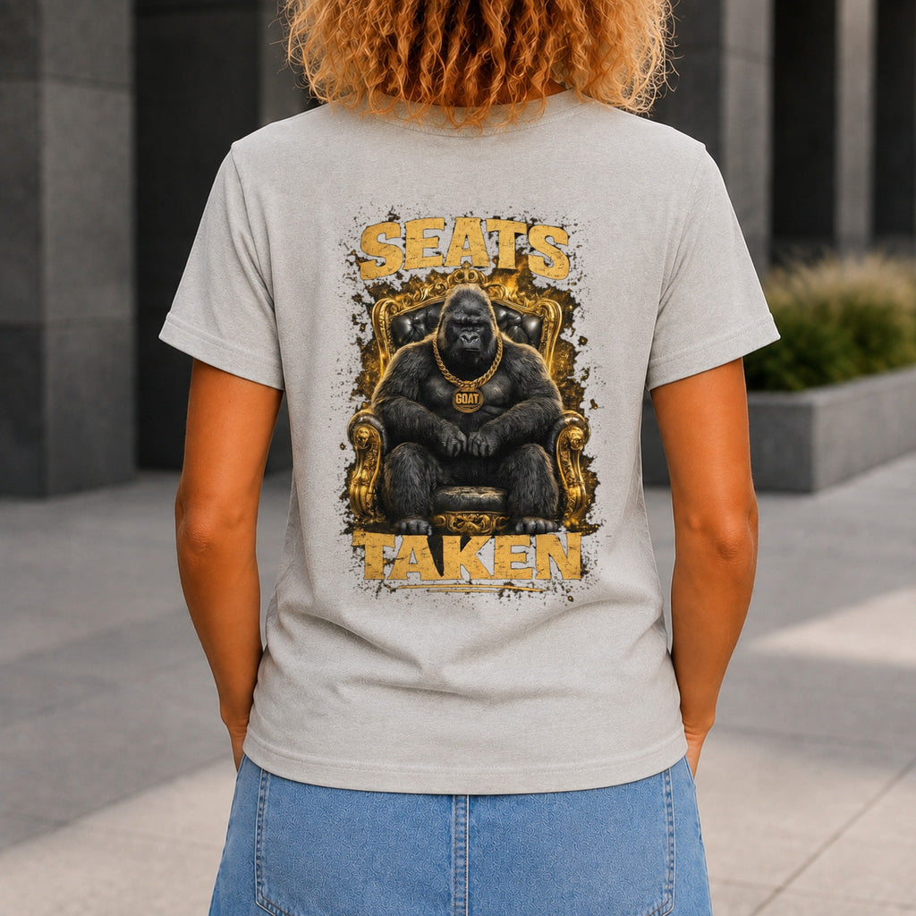 Seats Taken graphic printed on the back of a grey marble KRED Threads premium tee