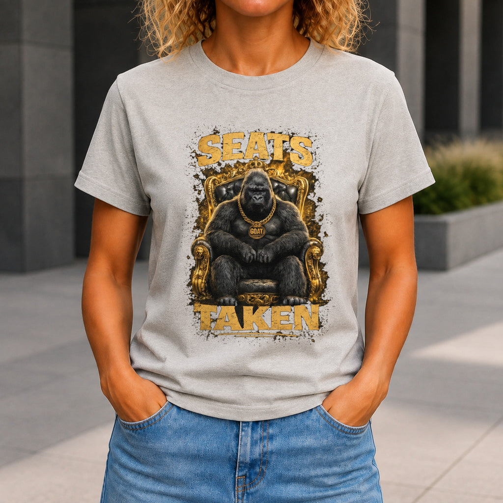 Seats Taken graphic printed on the front of a grey marble KRED Threads premium tee