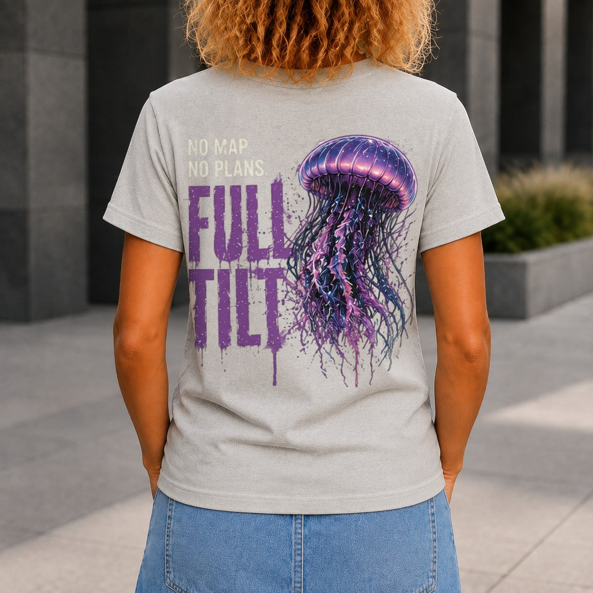 No Map. No Plans. Full Tilt. graphic printed on the back of a grey marble KRED Threads premium tee