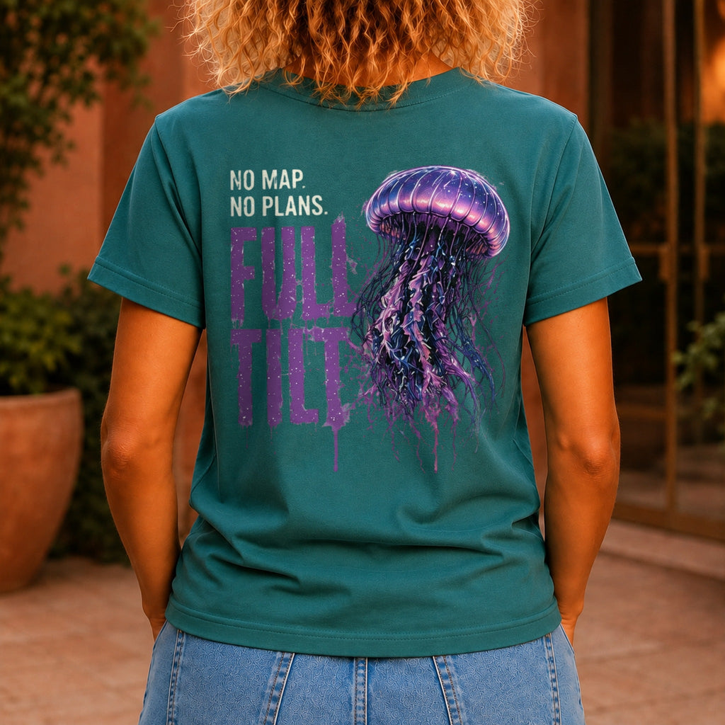 No Map. No Plans. Full Tilt. graphic printed on the back of a jade KRED Threads premium tee
