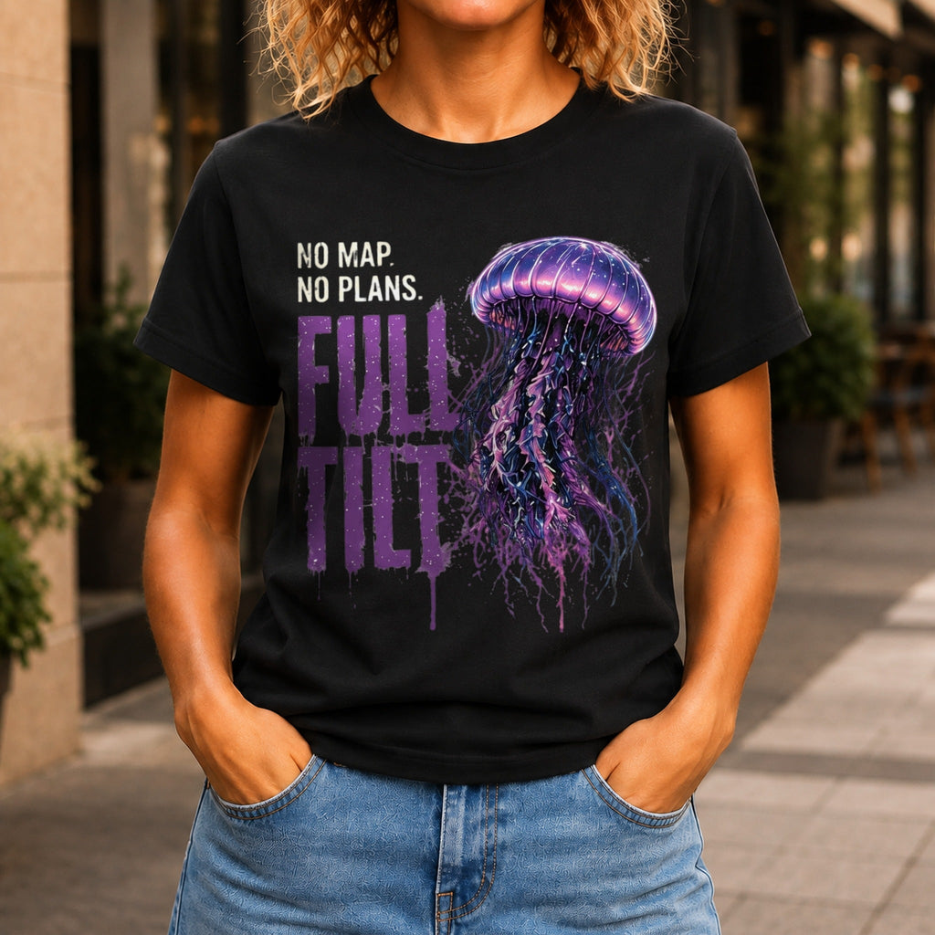 No Map. No Plans. Full Tilt. graphic printed on the front of a black KRED Threads premium tee