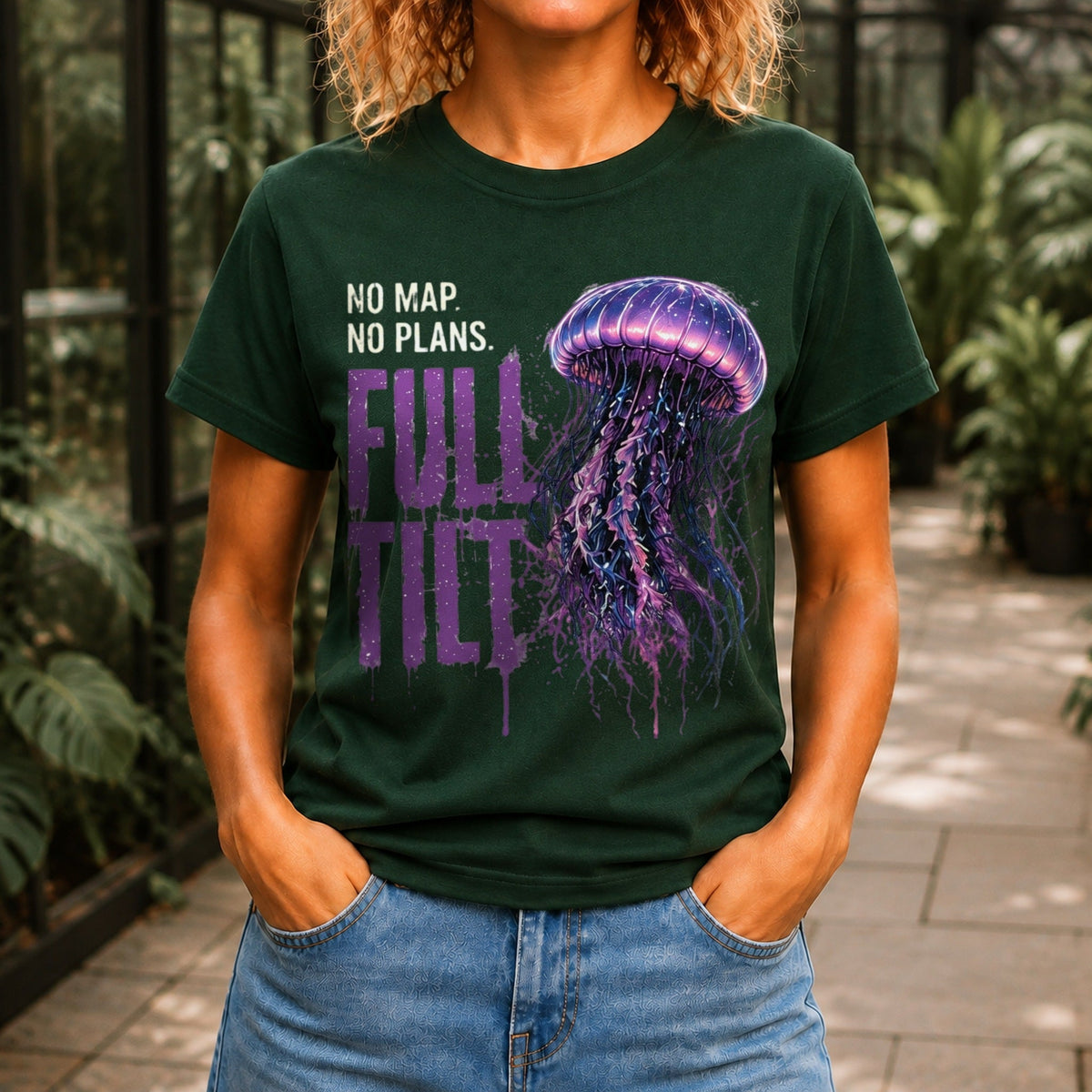 No Map. No Plans. Full Tilt. graphic printed on the front of a forest green KRED Threads premium tee