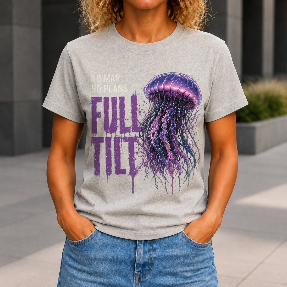 No Map. No Plans. Full Tilt. graphic printed on the front of a grey marble KRED Threads premium tee