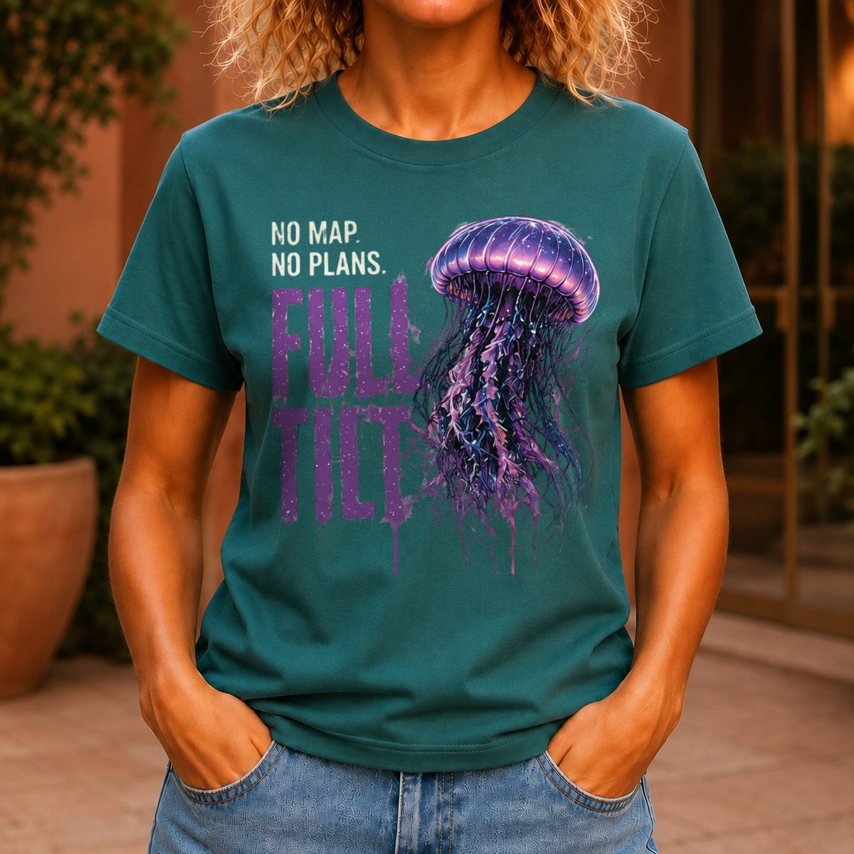 No Map. No Plans. Full Tilt. graphic printed on the front of a jade KRED Threads premium tee
