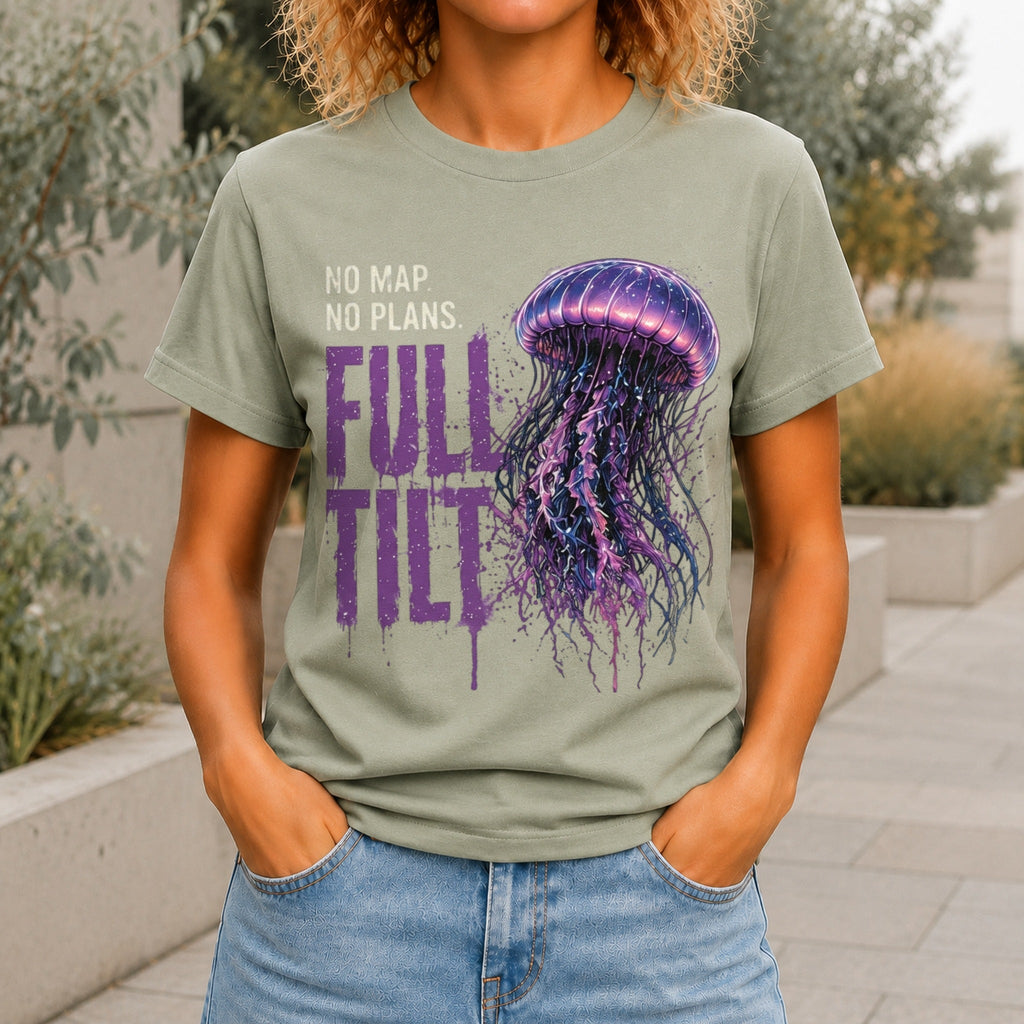 No Map. No Plans. Full Tilt. graphic printed on the front of a sage KRED Threads premium tee