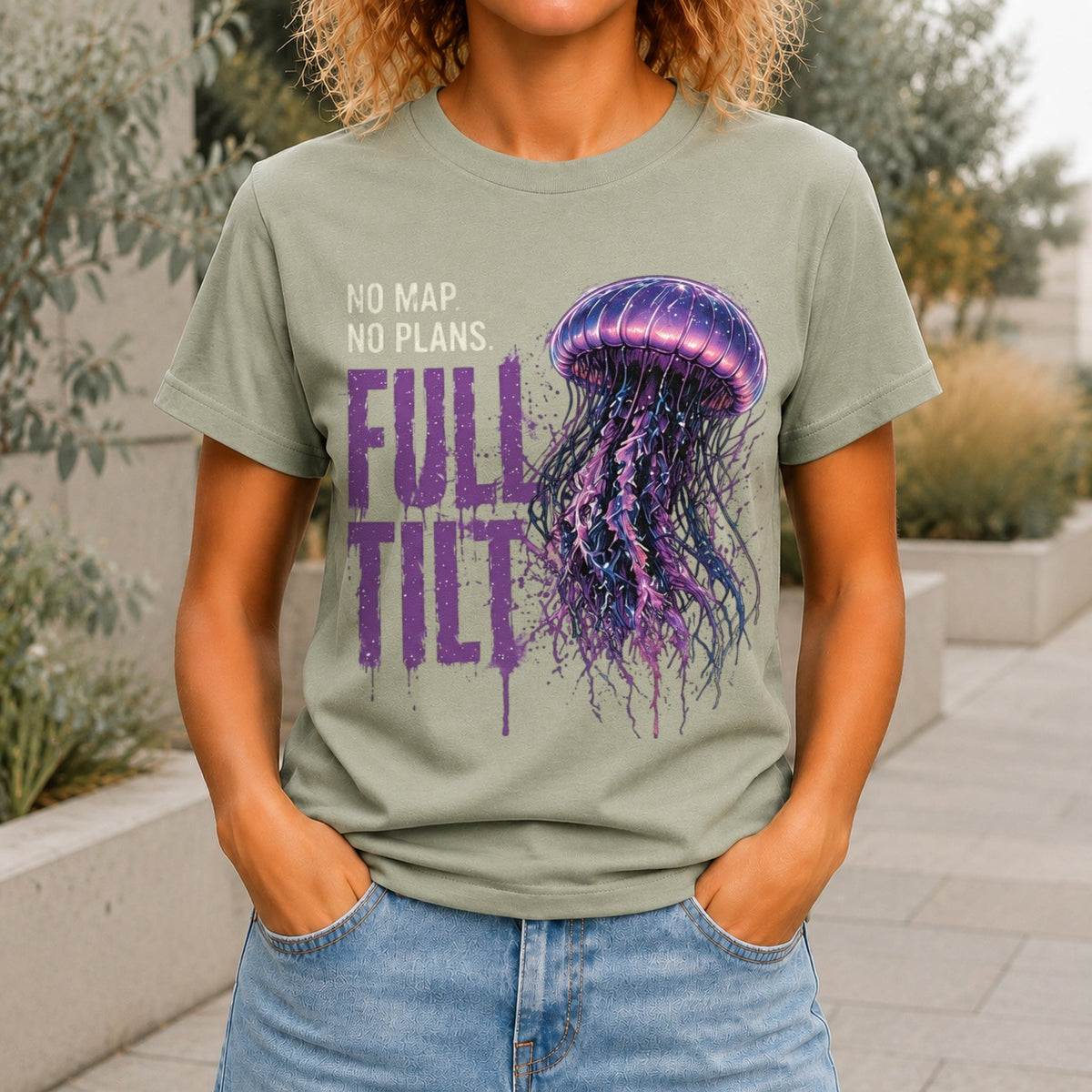 No Map. No Plans. Full Tilt. graphic printed on the front of a sage KRED Threads premium tee