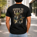 Turn It Up graphic printed on the back of a black KRED Threads premium tee