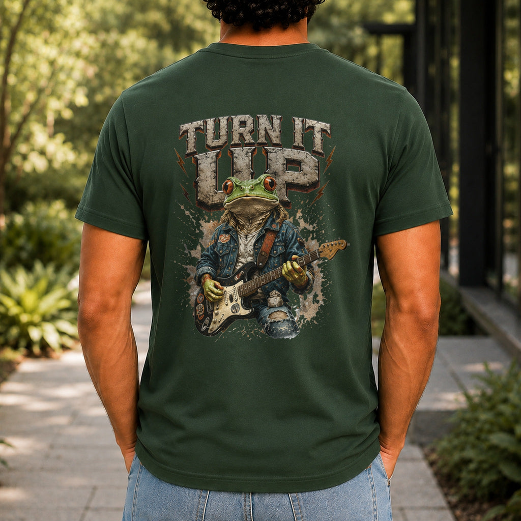 Turn It Up graphic printed on the back of a forest green KRED Threads premium tee