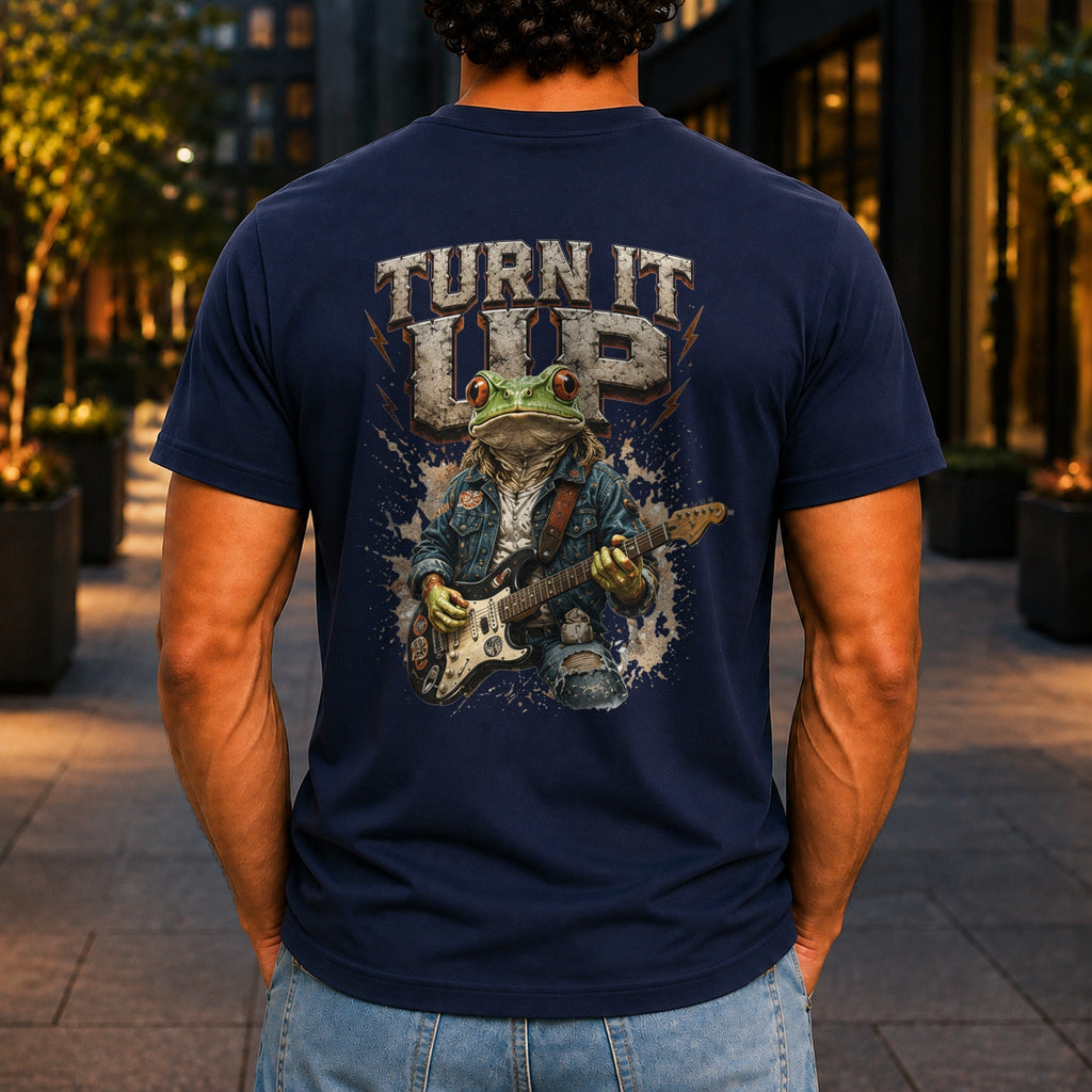Turn It Up graphic printed on the back of a navy KRED Threads premium tee