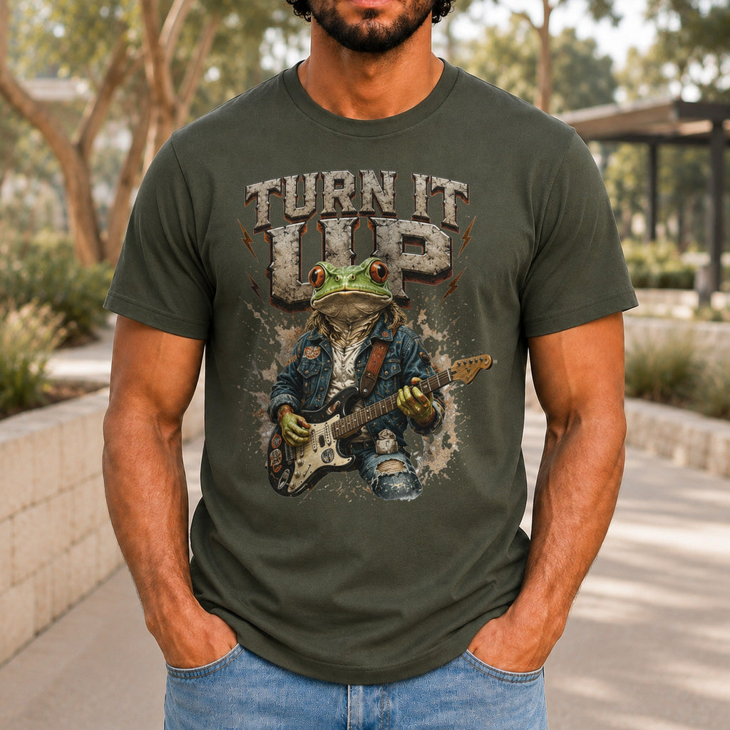 Turn It Up graphic printed on the front of an army KRED Threads premium tee