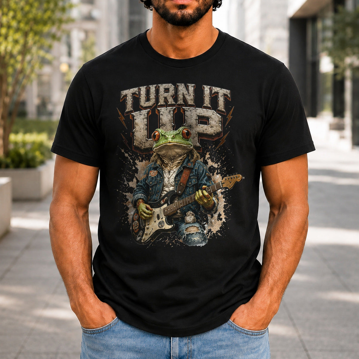 Turn It Up graphic printed on the front of a black KRED Threads premium tee