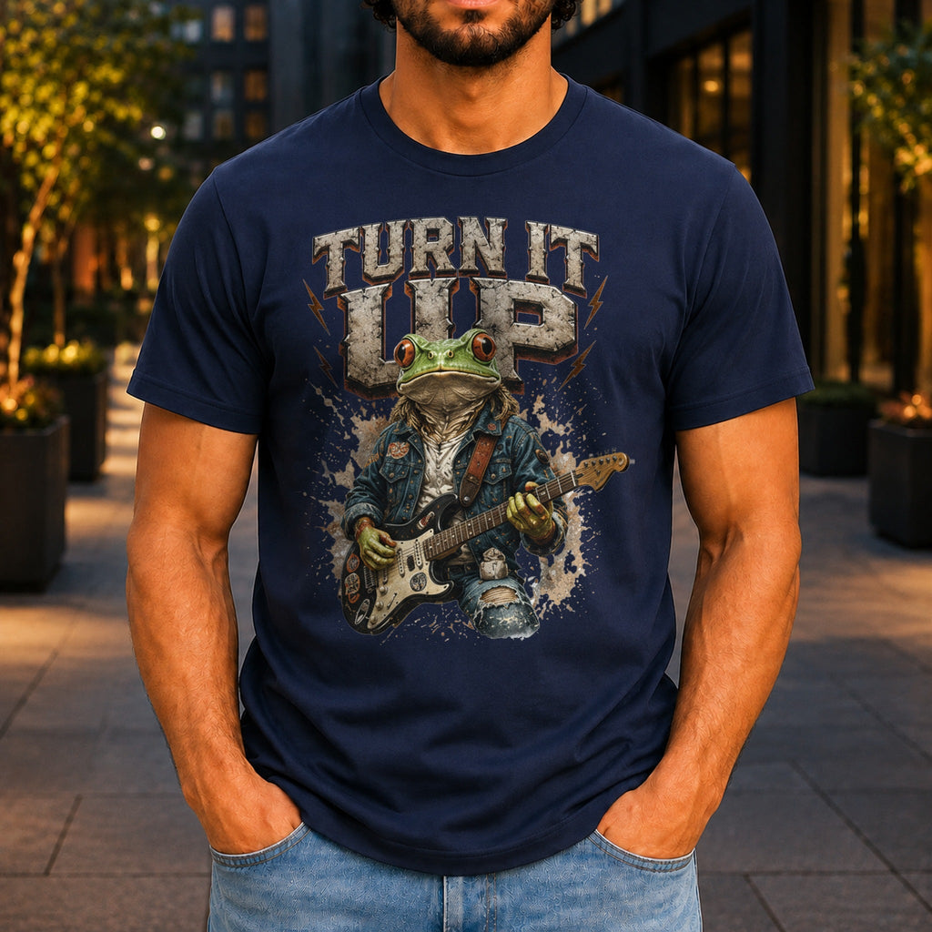 Turn It Up graphic printed on the front of a navy KRED Threads premium tee
