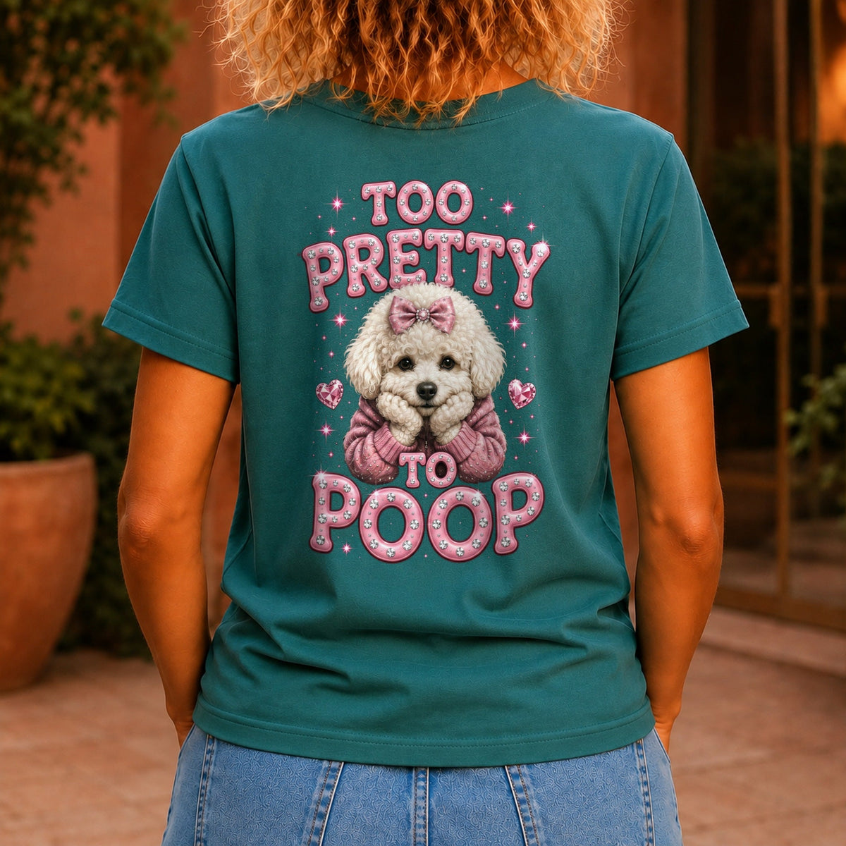 Too Pretty To Poop graphic printed on the back of a jade KRED Threads premium tee