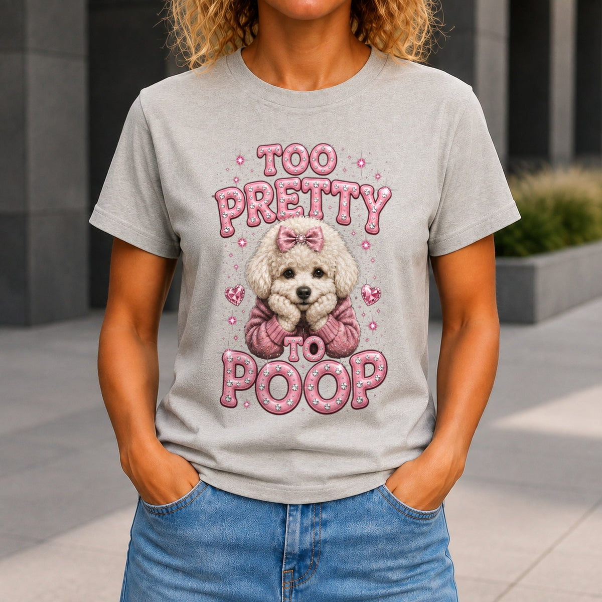 Too Pretty To Poop graphic printed on the front of a grey marble KRED Threads premium tee