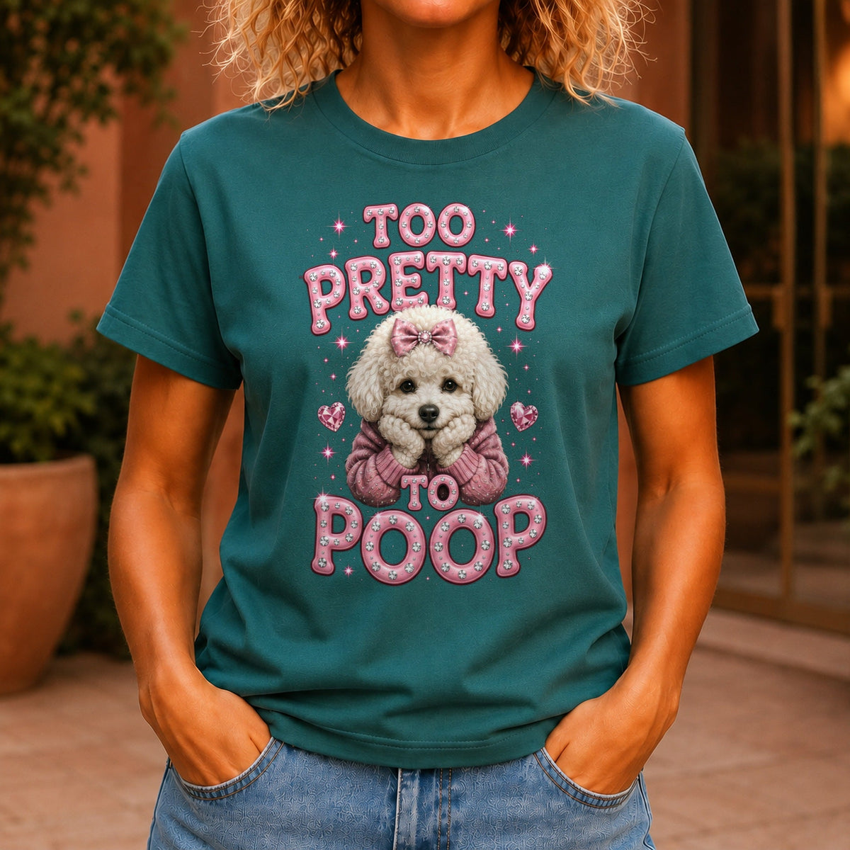 Too Pretty To Poop graphic printed on the front of a jade KRED Threads premium tee