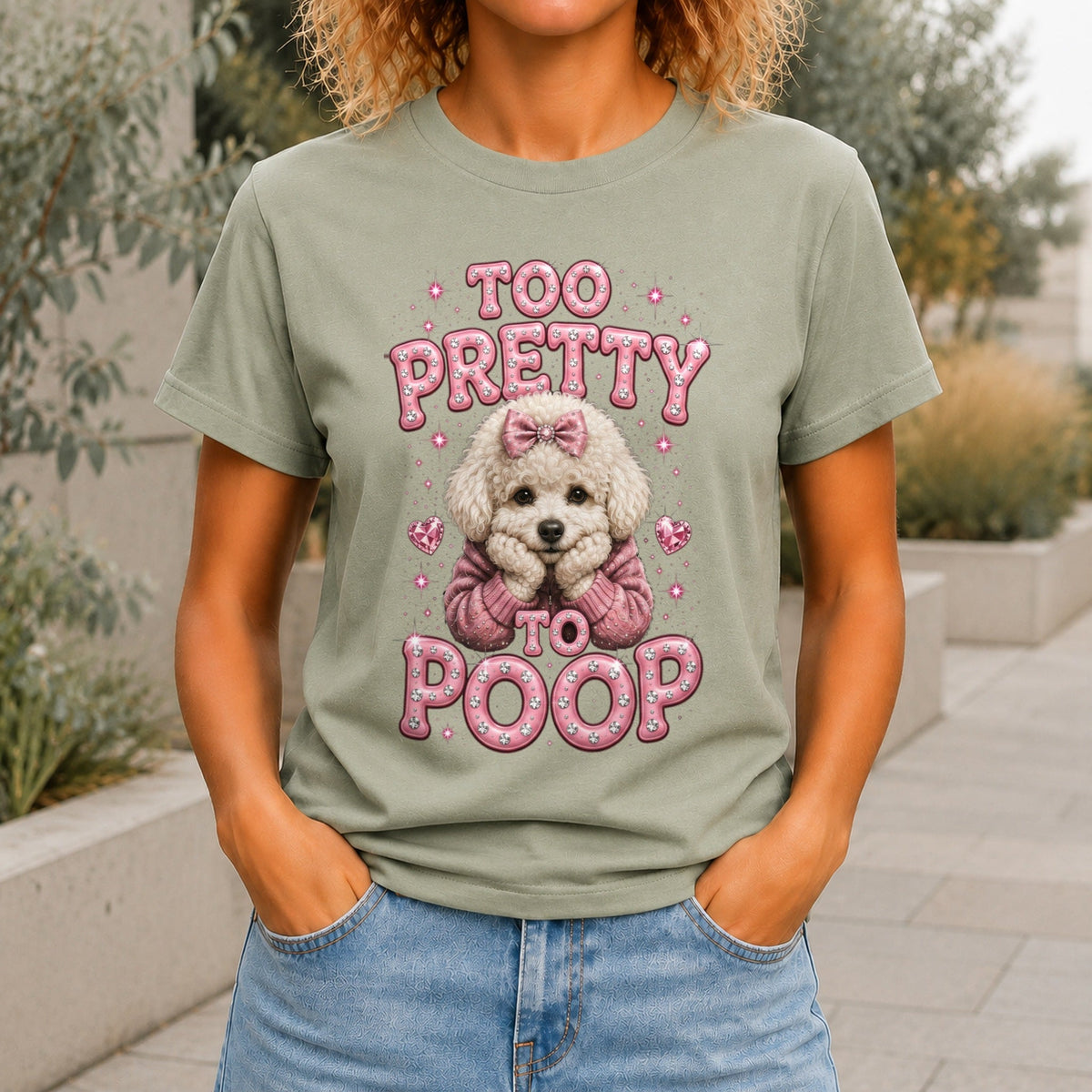 Too Pretty To Poop graphic printed on the front of a sage KRED Threads premium tee