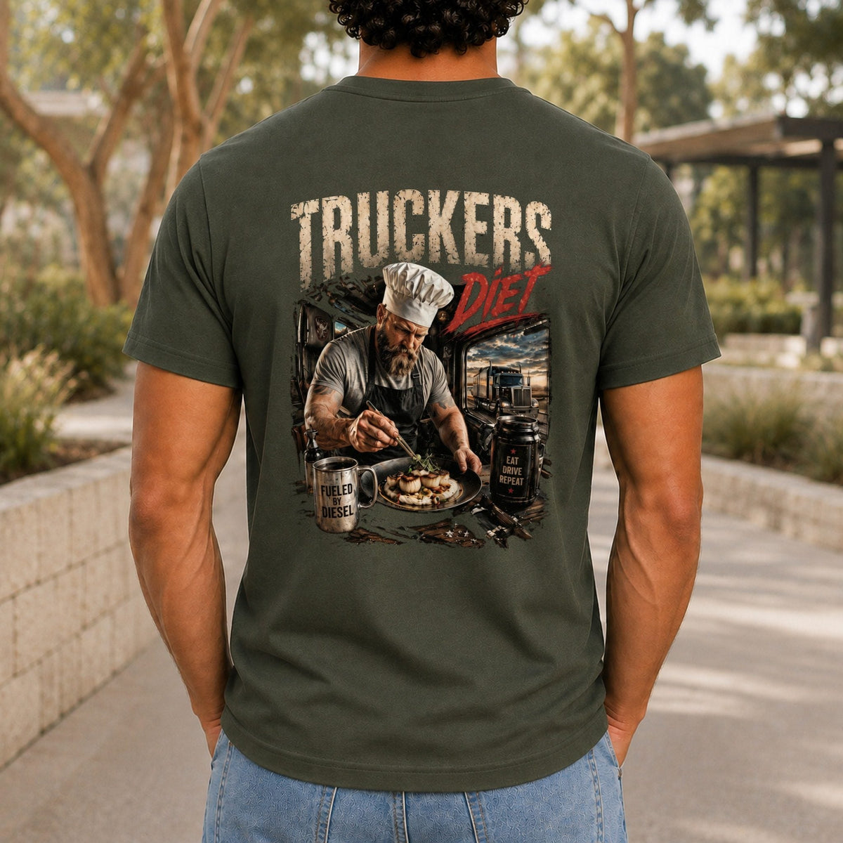 Truckers Diet Men’s tee in Army, back view