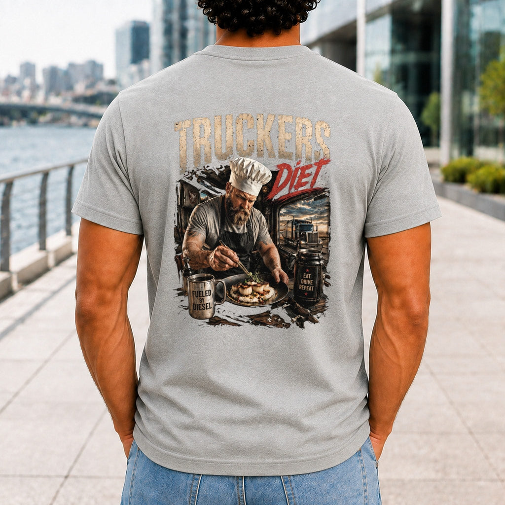 Truckers Diet Men’s tee in Athletic Heather, back view