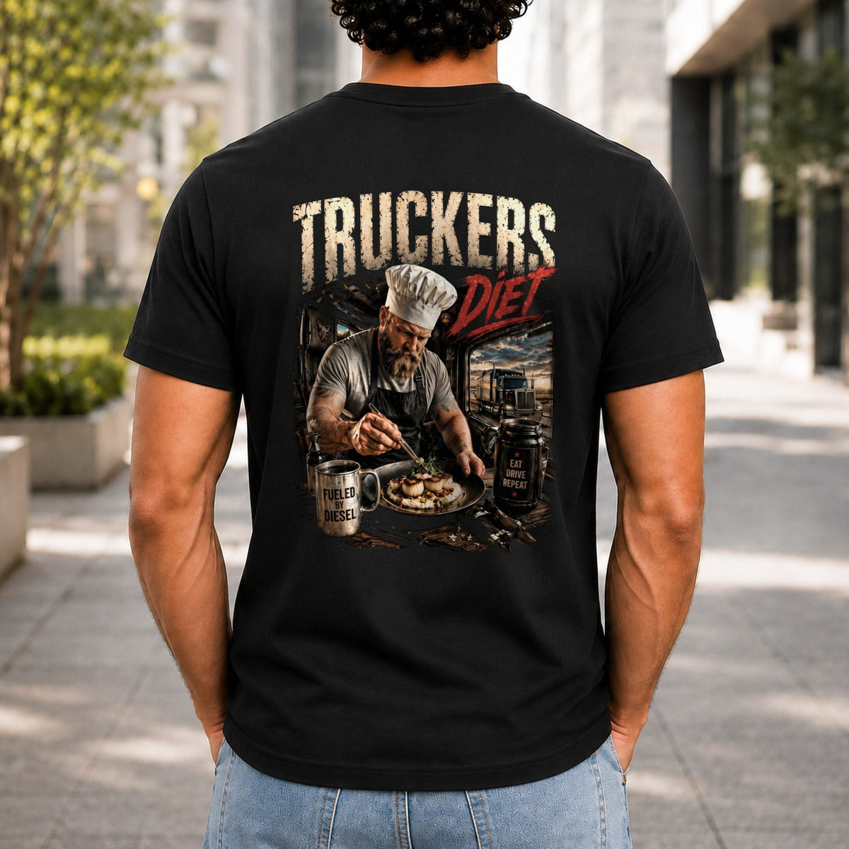Truckers Diet Men’s tee in Black, back view