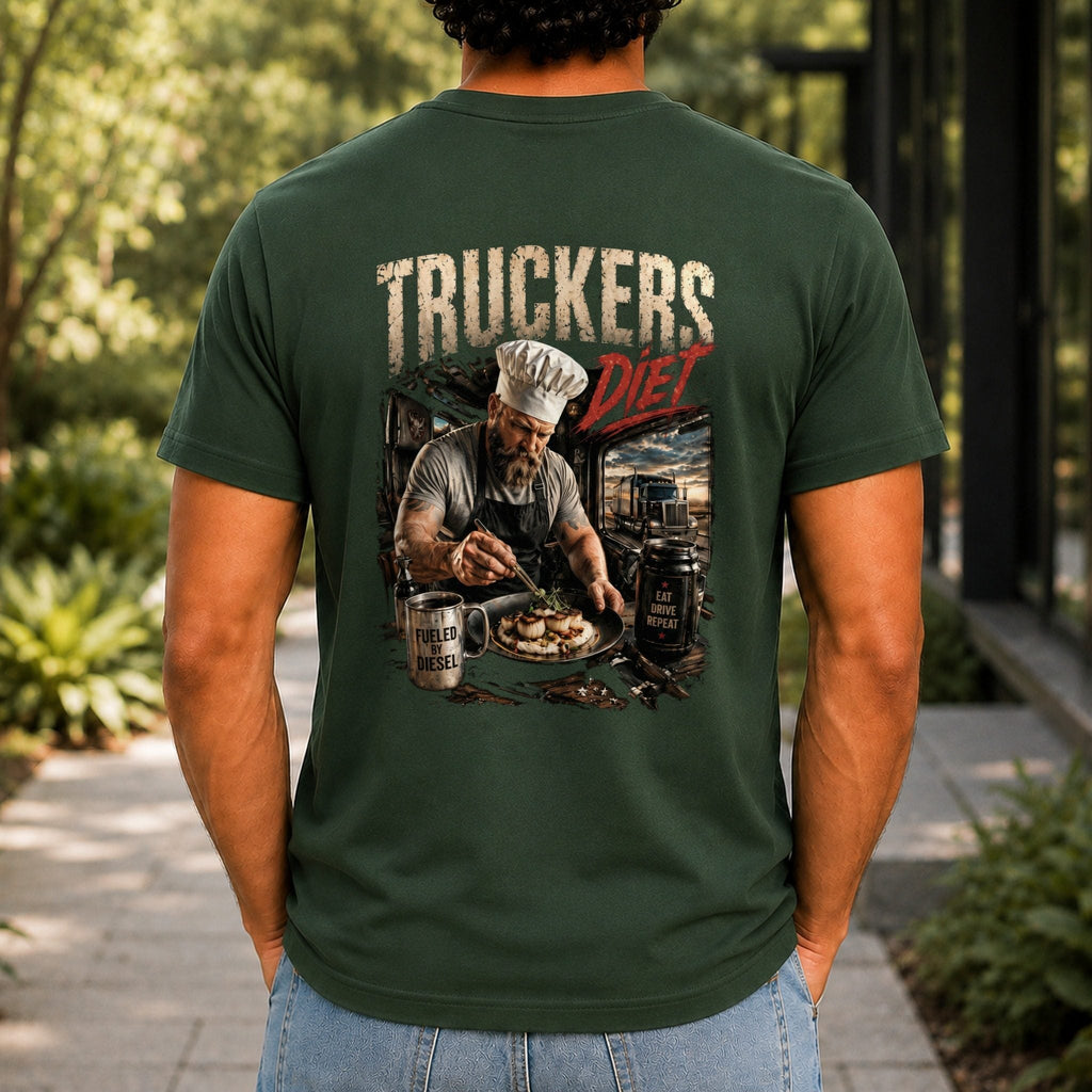 Truckers Diet Men’s tee in Forest Green, back view