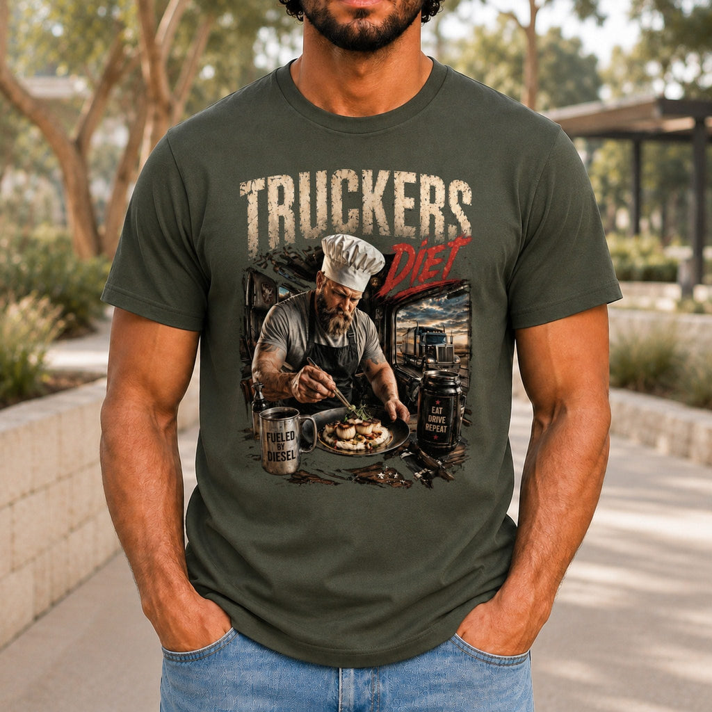 Truckers Diet Men’s tee in Army, front view